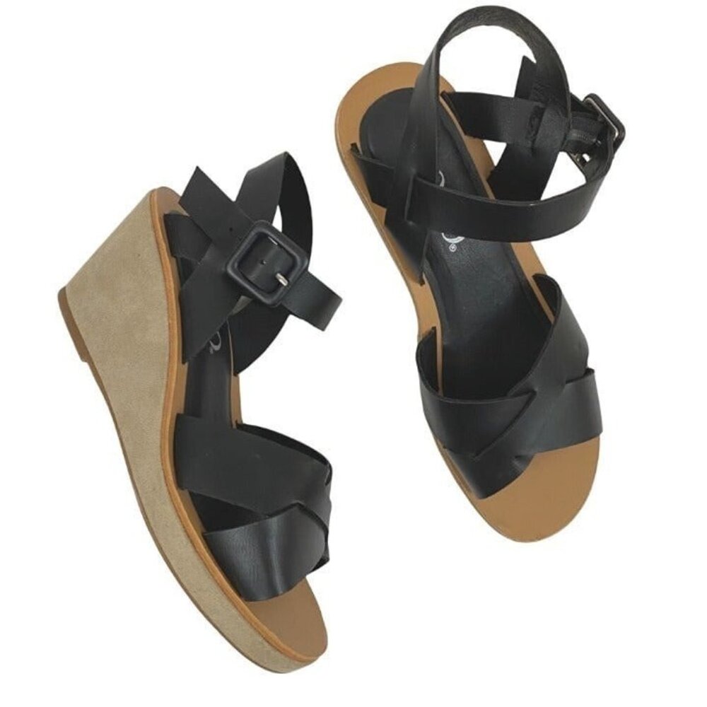 XOXO Vice Black Strappy Ankle Strap Open Toe Wedge Sandals Womens 7M